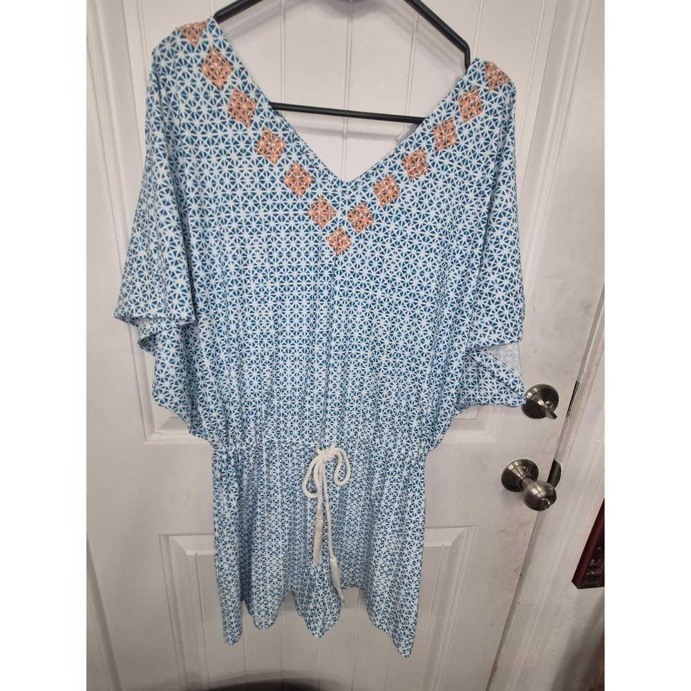 Cabana Life  Romper Blue Geometric Print‎ Orange Embroidered Women's